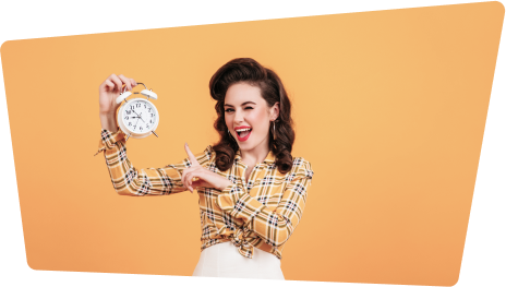 portrait smiling casual woman showing alarm clock